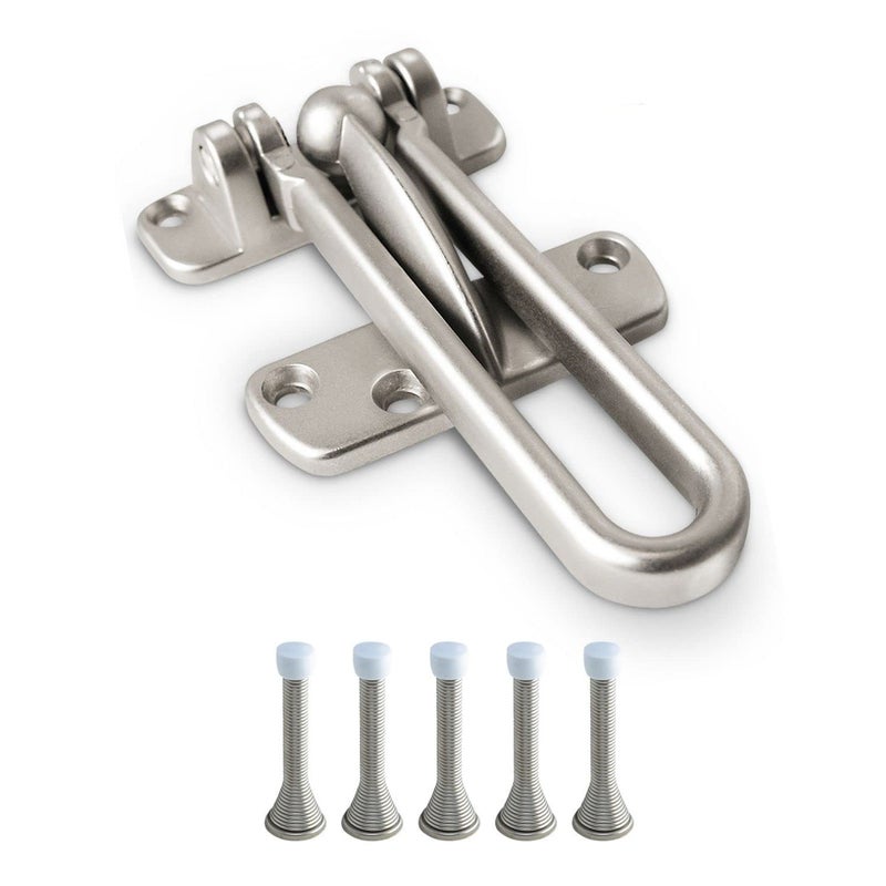 JD Jack N'Drill Jack Nâ€™ Drill Swing Bar Door Lock Durable Door Guard for Back & Front Doors, Childproof Door Security Made from Reinforced Diecast Metal for Home Security (Satin Nickel, 1 Pack & 5 Door Stopper) - Image 1